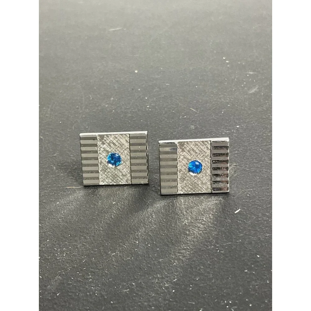 Vintage Swank Silver Cufflinks With Blue Gemstone Accent
